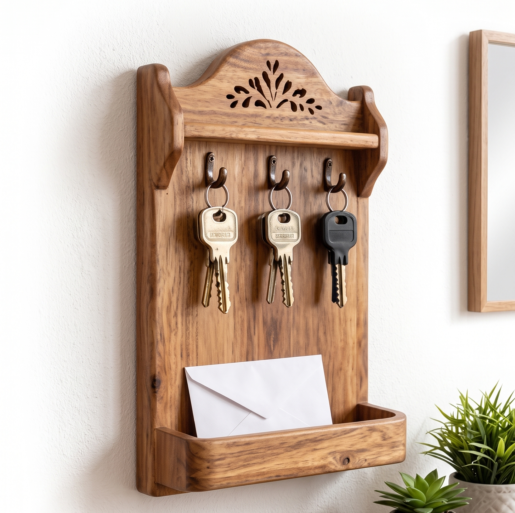 A wooden wall-mounted key rack with three hooks holding keys and a lower tray holding a white envelope, shown mounted on a white wall with a small plant and framed mirror nearby.