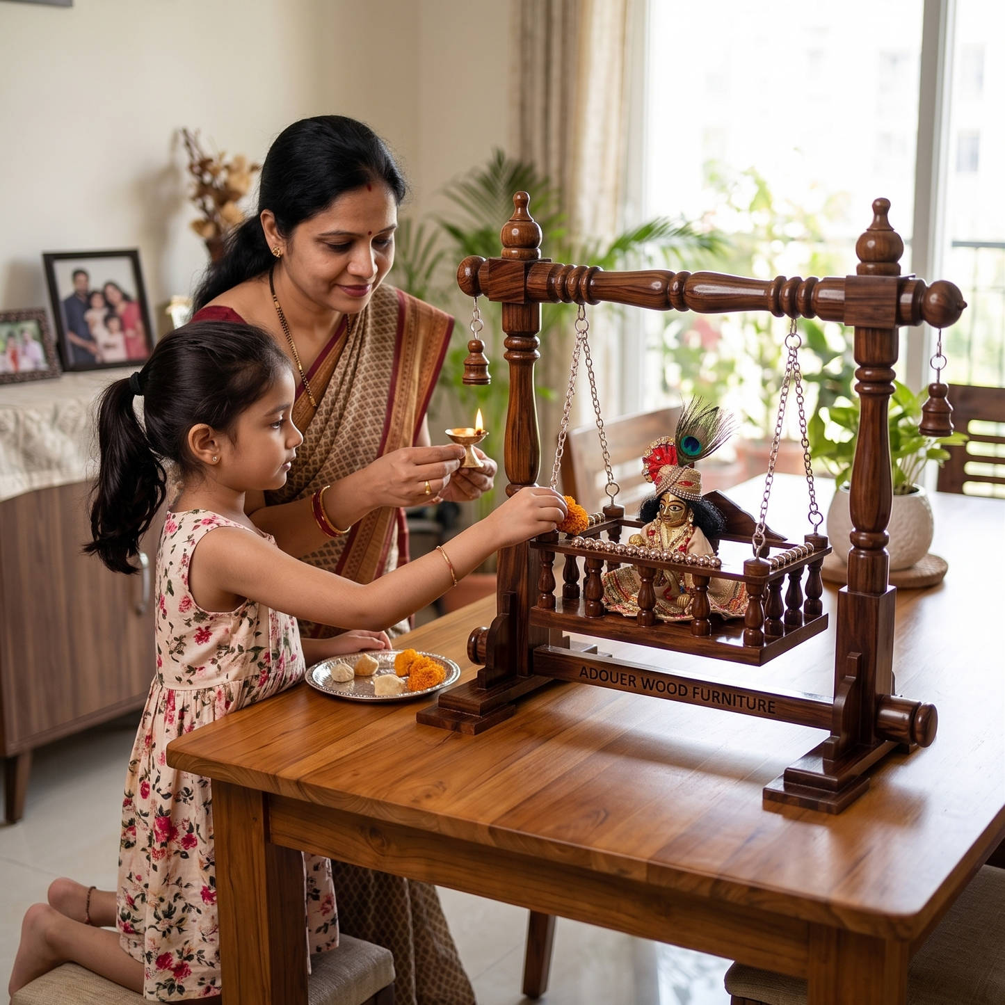 Carved Krishna Palana for Pooja Room I  Handcrafted Wooden Laddu Gopal Jhula