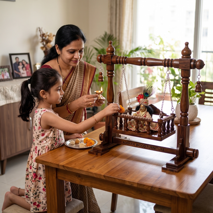 Carved Krishna Palana for Pooja Room I  Handcrafted Wooden Laddu Gopal Jhula
