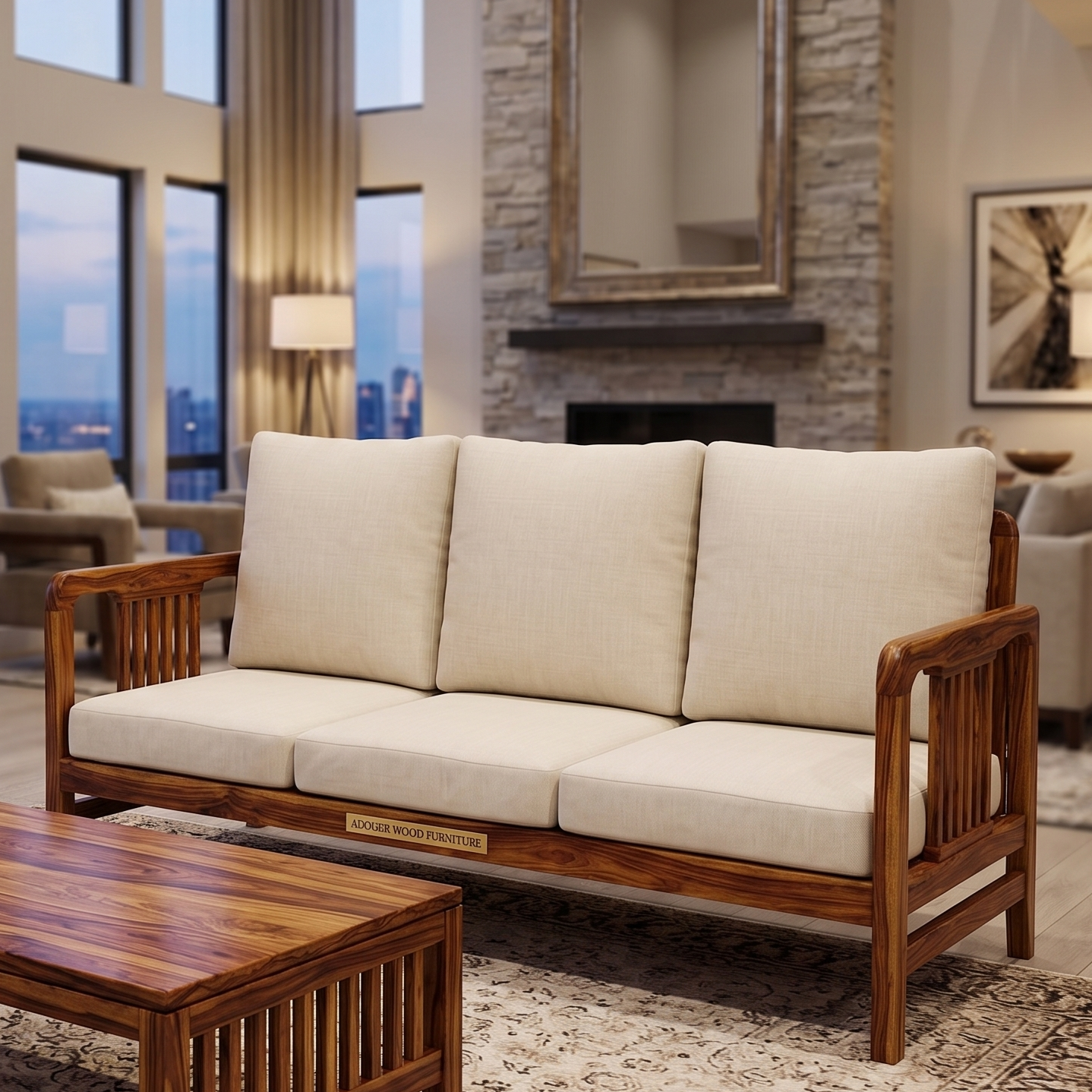 Adouer Wood 3-Seater Solid Wood Frame Sofa with Cream Beige Cushions
