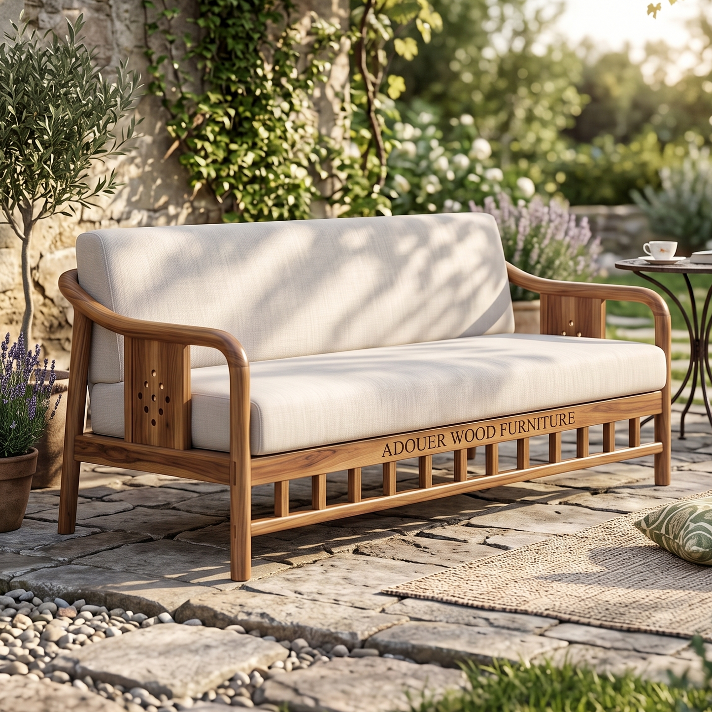 Adouer Wood Japandi Solid  Sheesham Wood Frame Sofa with Cream Linen-Feel Cushions