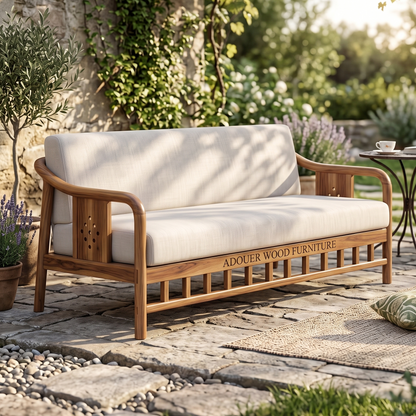 Adouer Wood Japandi Solid  Sheesham Wood Frame Sofa with Cream Linen-Feel Cushions