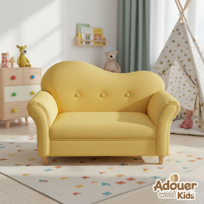 ADOUER WOOD KIDS Linen Wave-Back Mini Loveseat – Elegant Upholstered Children’s Sofa with Button Tufting