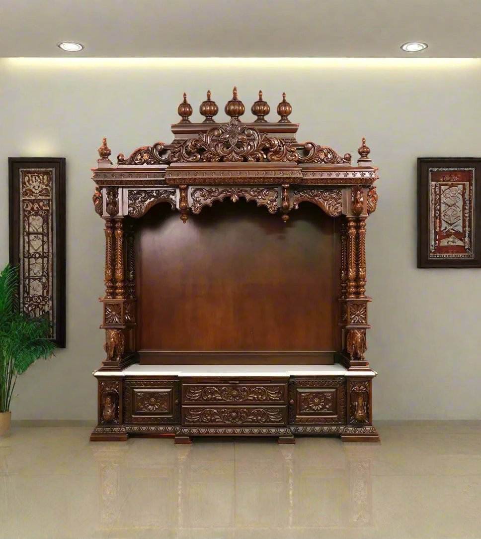ADOUER WOOD 78'' Luxuries Teak Wood Traditional Hand Carved Pooja Mandir With Drawers (Walnut)