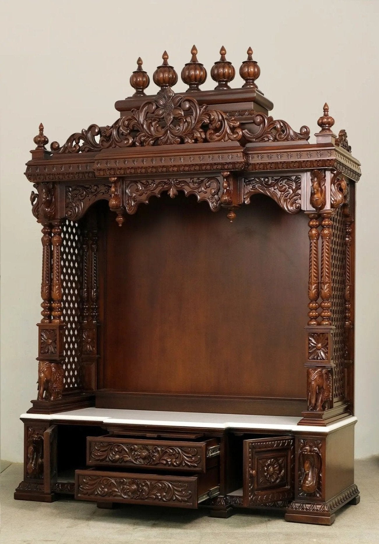 ADOUER WOOD 78'' Luxuries Teak Wood Traditional Hand Carved Pooja Mandir With Drawers (Walnut)