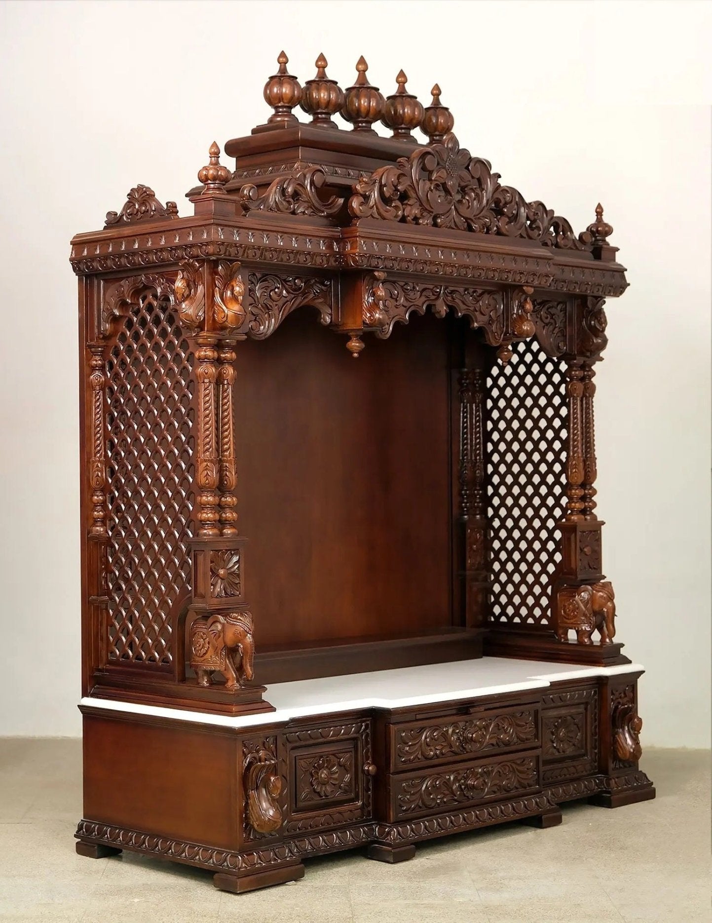 ADOUER WOOD 78'' Luxuries Teak Wood Traditional Hand Carved Pooja Mandir With Drawers (Walnut)