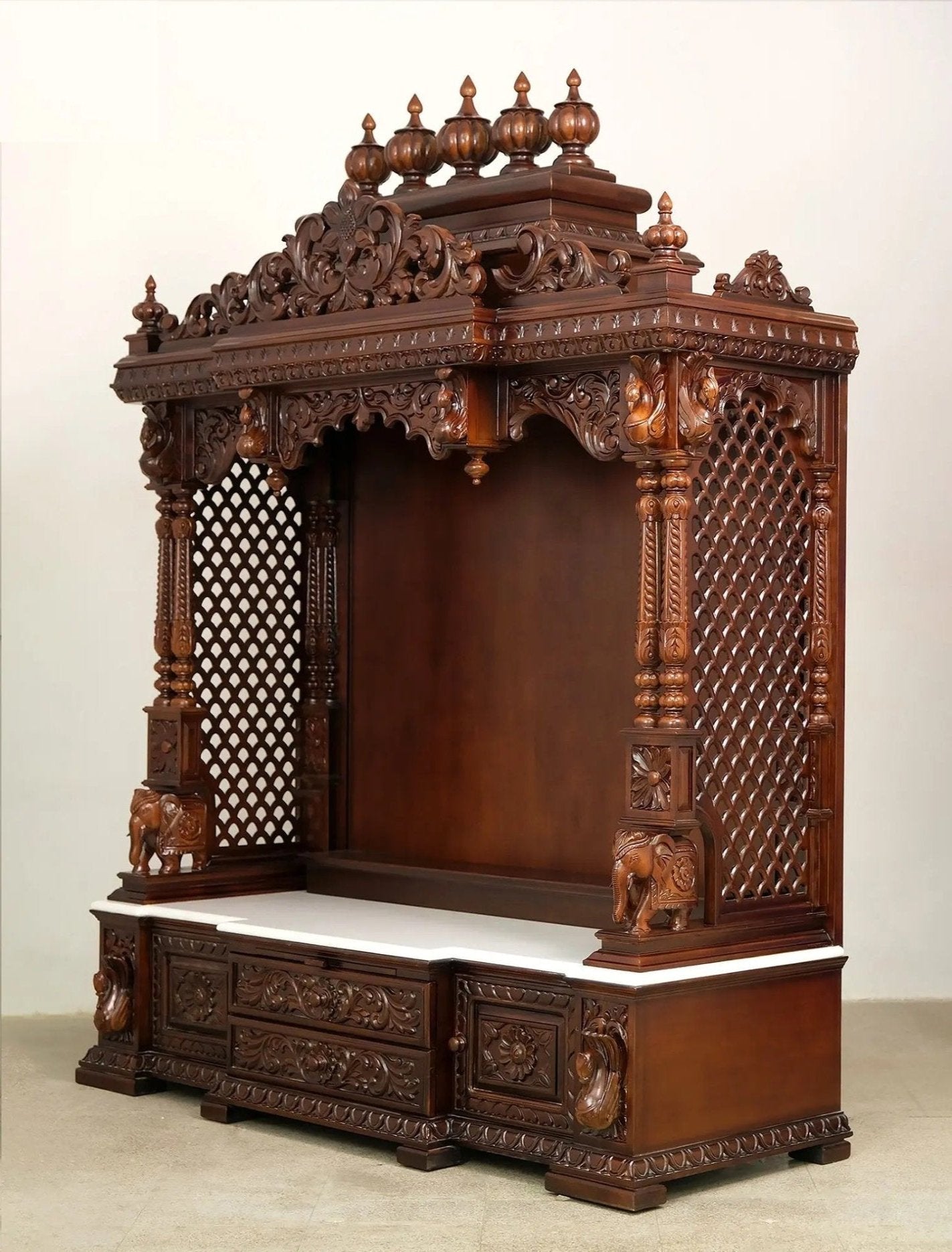 ADOUER WOOD 78'' Luxuries Teak Wood Traditional Hand Carved Pooja Mandir With Drawers (Walnut)
